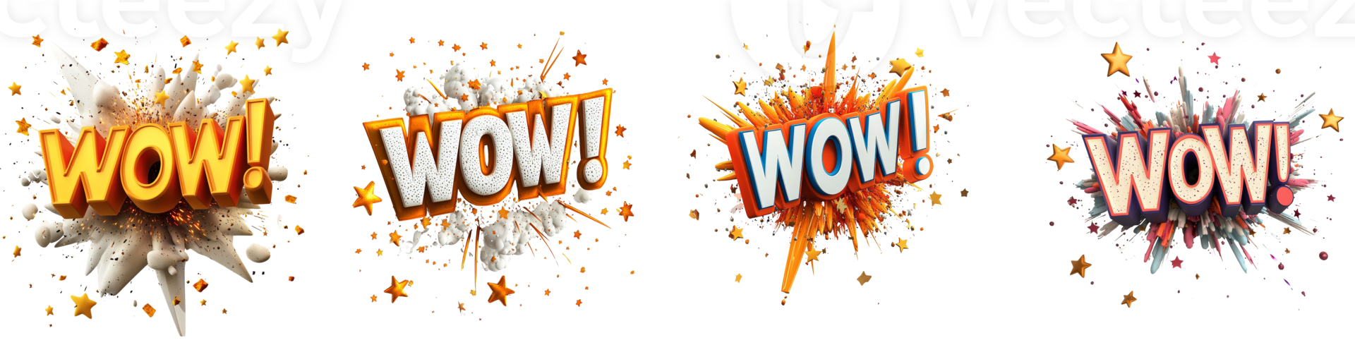 Four Wow Exclamations With Exploding Star Effects png