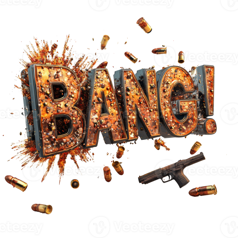 Exploding Bang Text With Gun And Bullets. cut out png