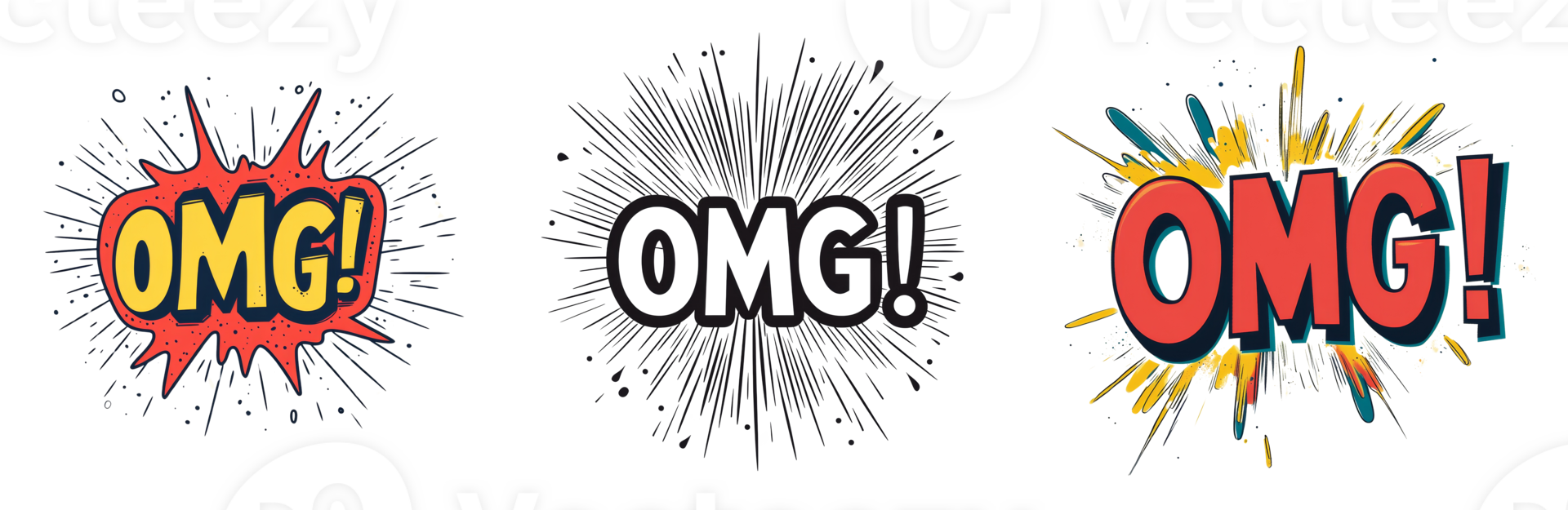 Three variations of OMG comic speech bubbles png