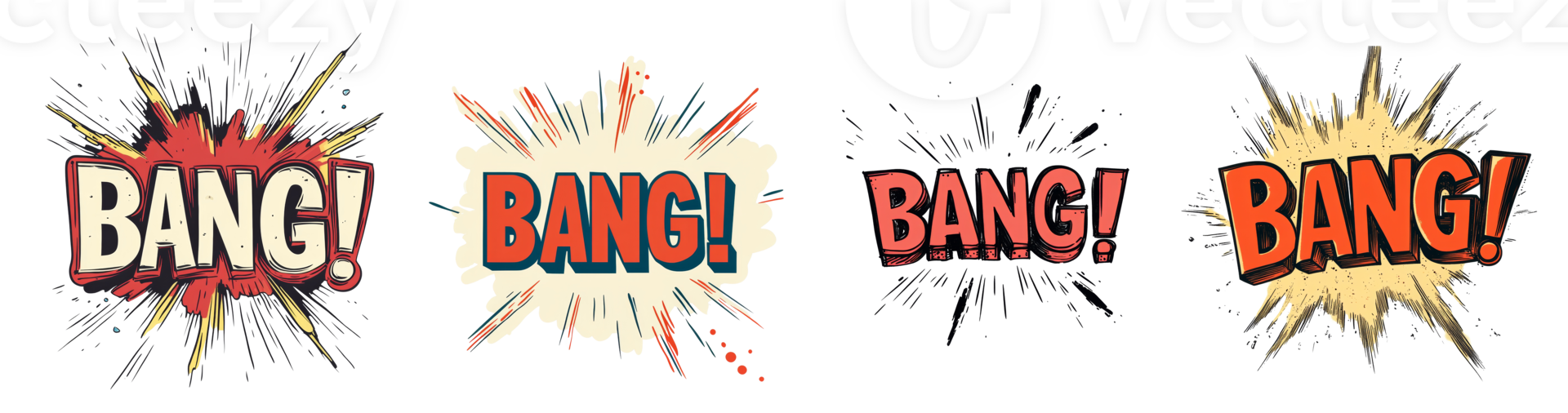 Four Comic Book Style Bang Explosions with Text png
