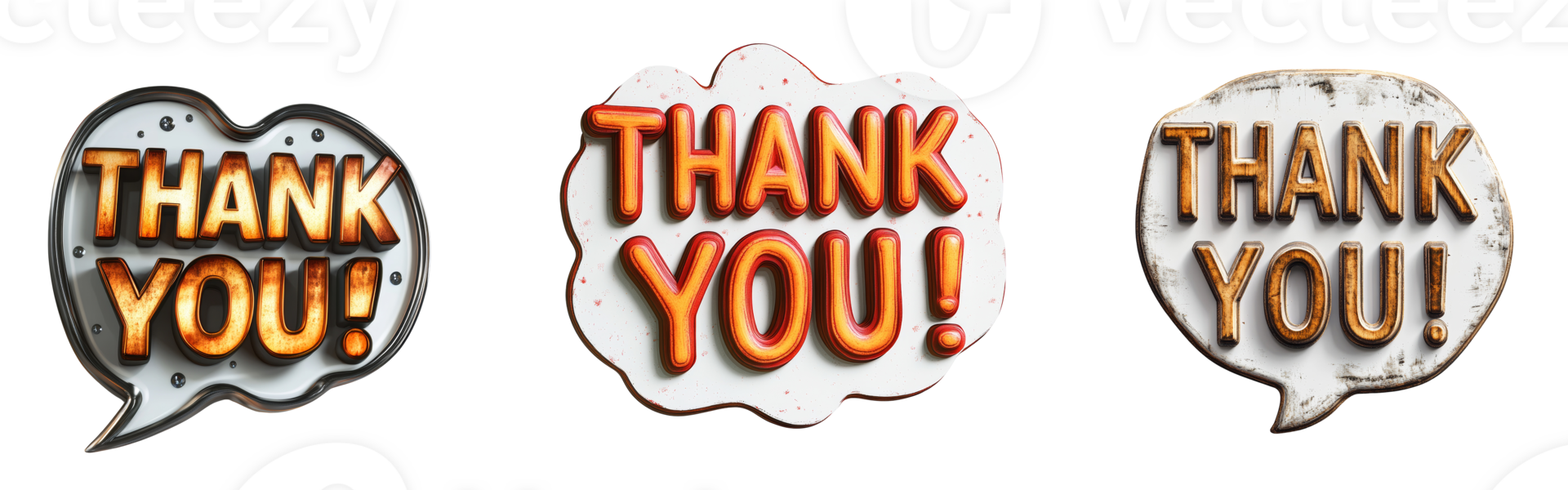 Three stylized thank you messages in speech bubbles png