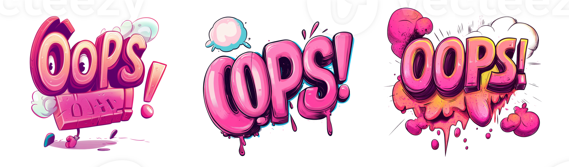 Three vibrant Oops illustrations with unique styles png