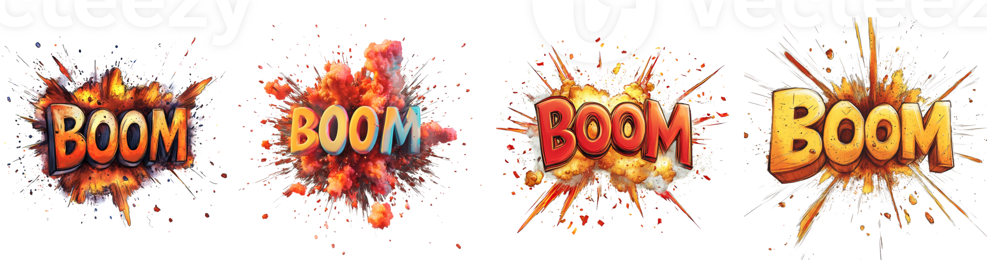Four vibrant boom explosions with varied color schemes png