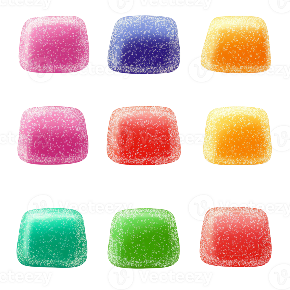 Nine Colorful Sugar Coated Gummies Arranged in Grid png