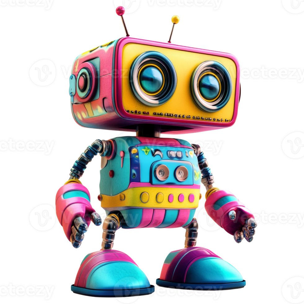 A Colorful Retro Robot Design Stands Against Black Background png