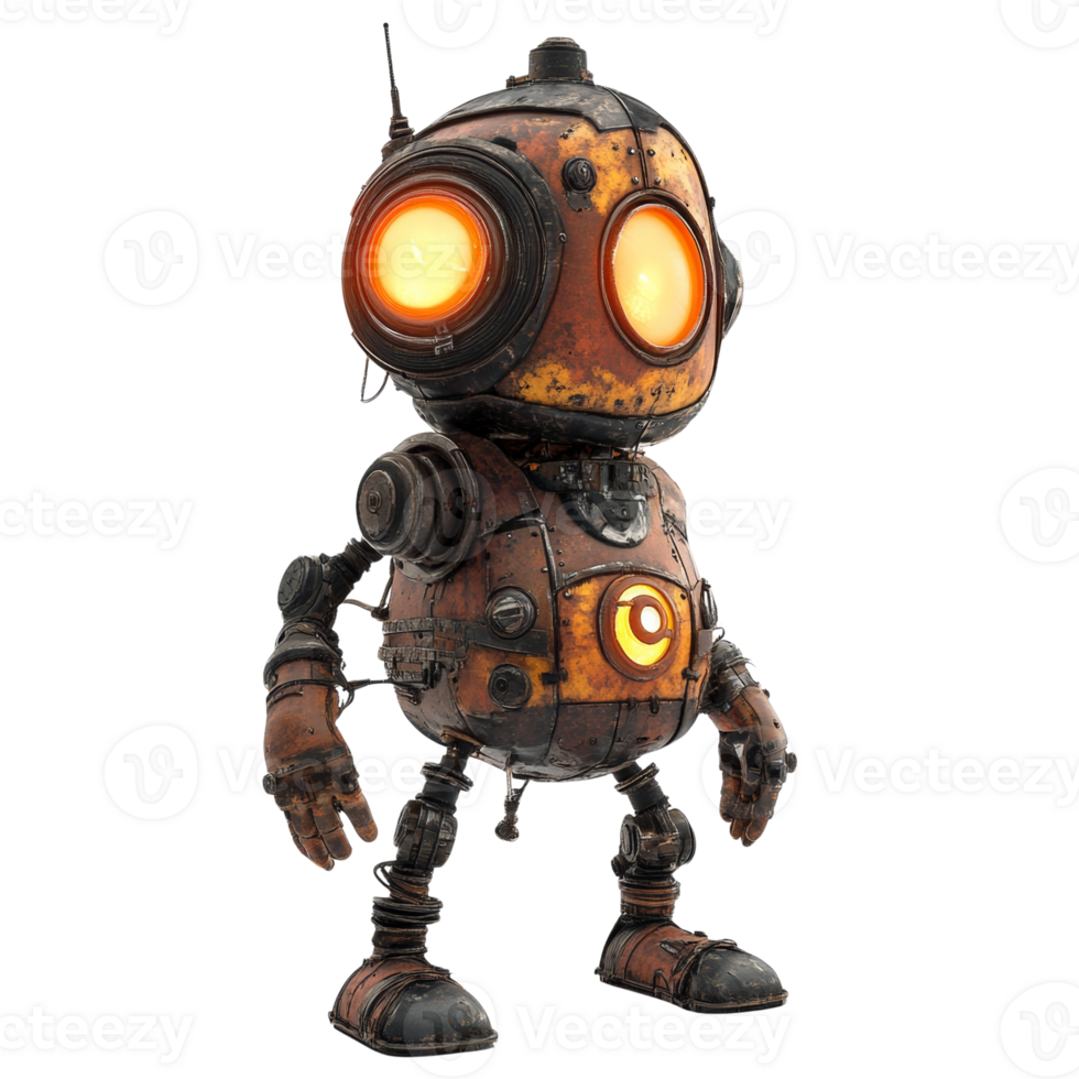 Rusty Robot Character Design Glowing Eyes png