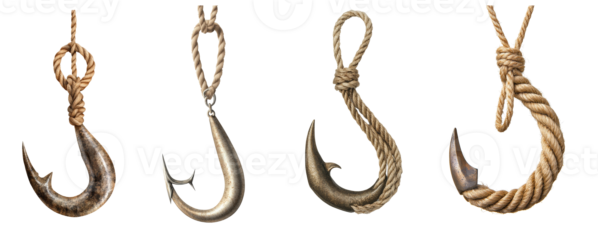 Four Metal Hooks Attached To Rope Cords png