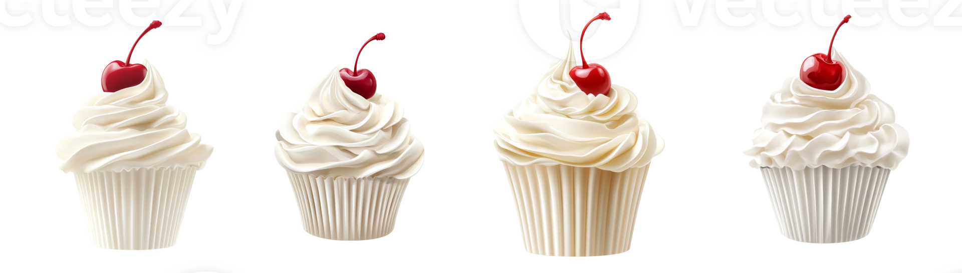 Four Delicious Cupcakes Topped With Whipped Cream And Cherries png