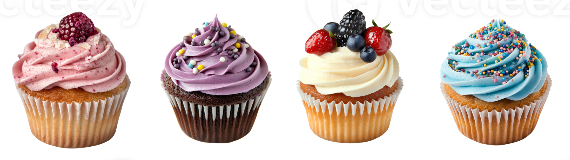 Four Delicious Cupcakes With Varied Frosting And Toppings png
