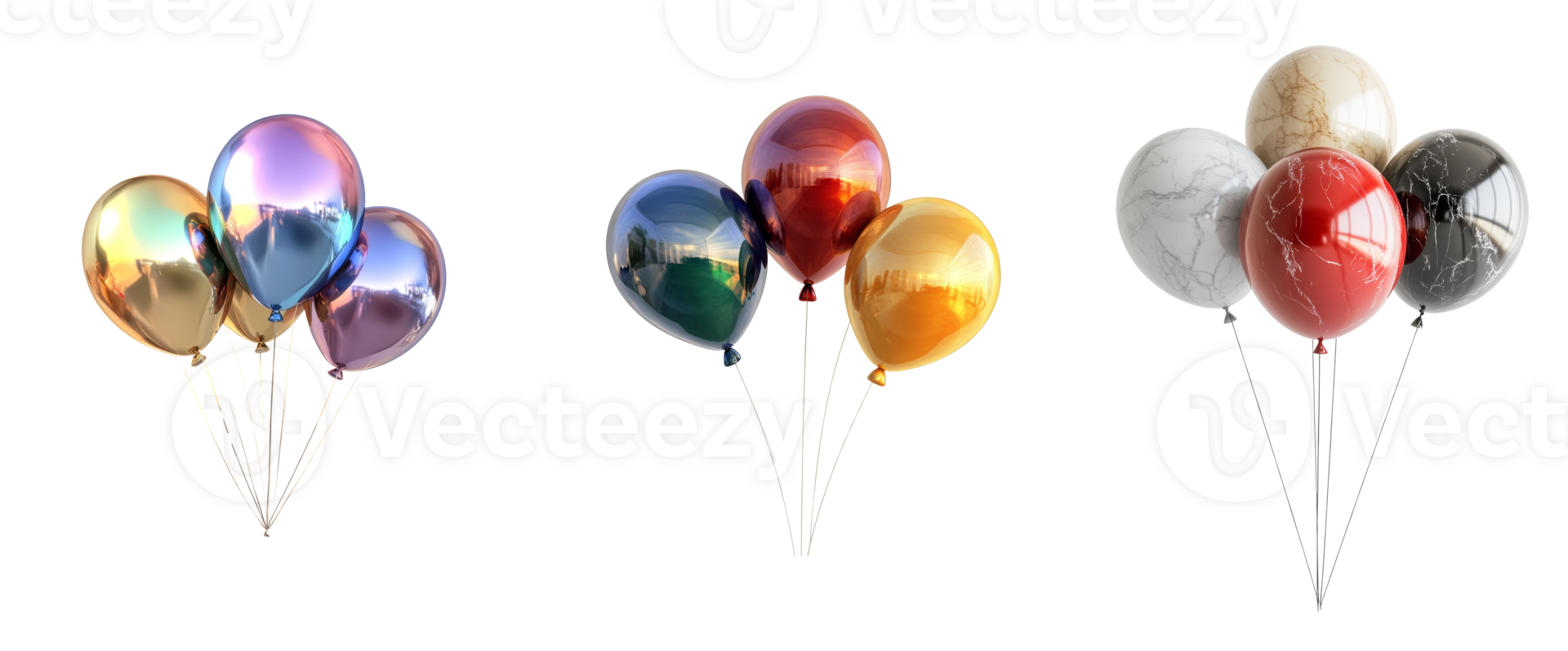 Three sets of metallic and marble balloons float against a black background png