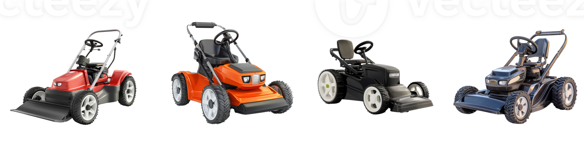 Four Modern Lawn Mowers Displayed Against A Black Background png