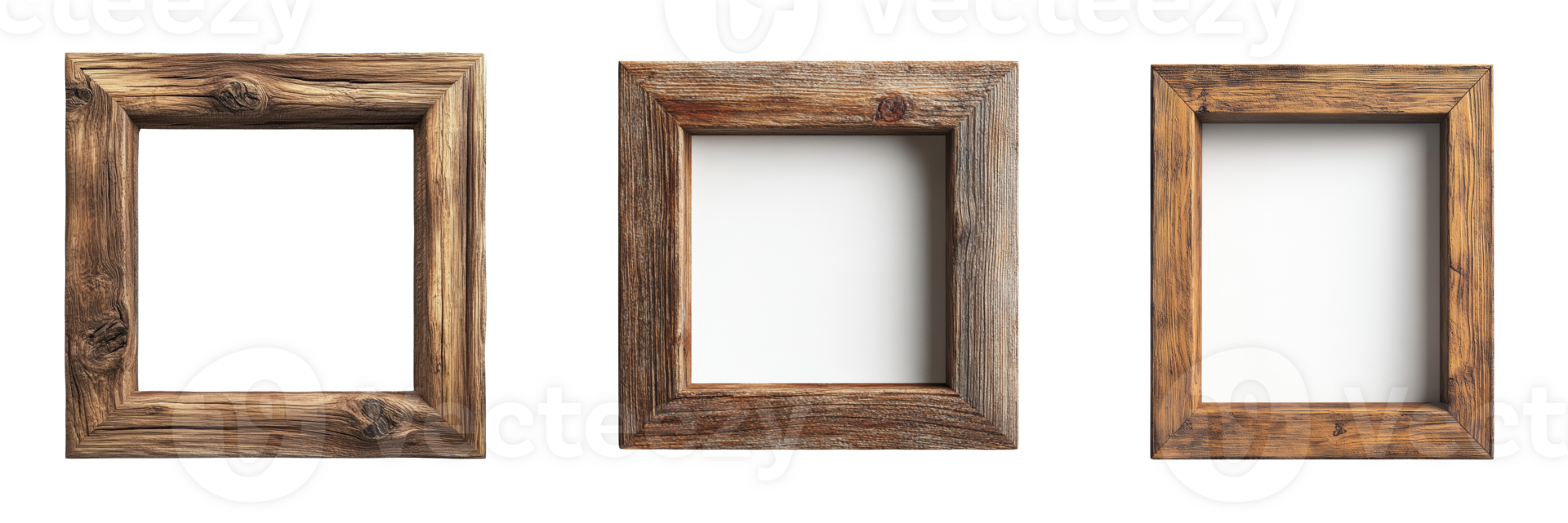 Three Rustic Wooden Frames Displayed Against Black Background png