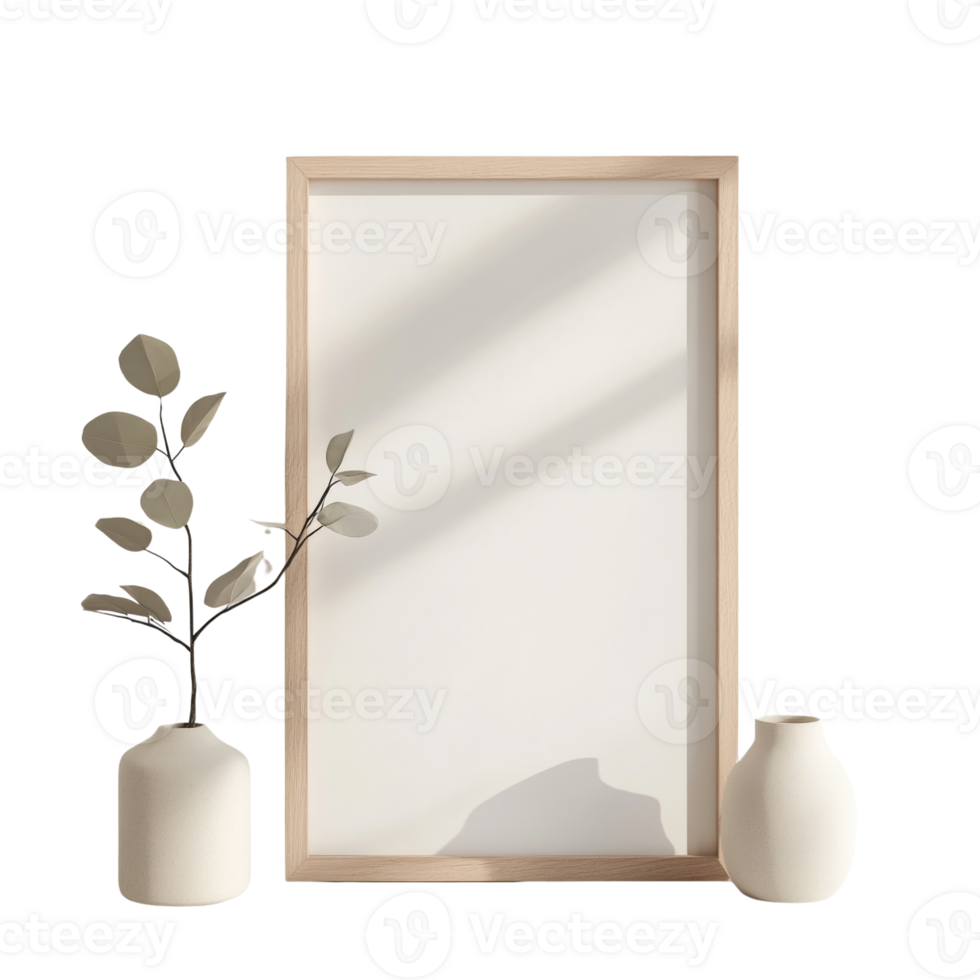 Wooden Frame with Plants and White Vases Minimalist Still Life png
