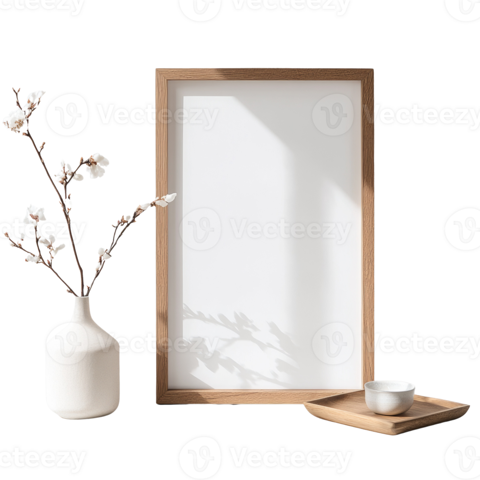 Wooden Frame with White Flowers and Small Bowl png