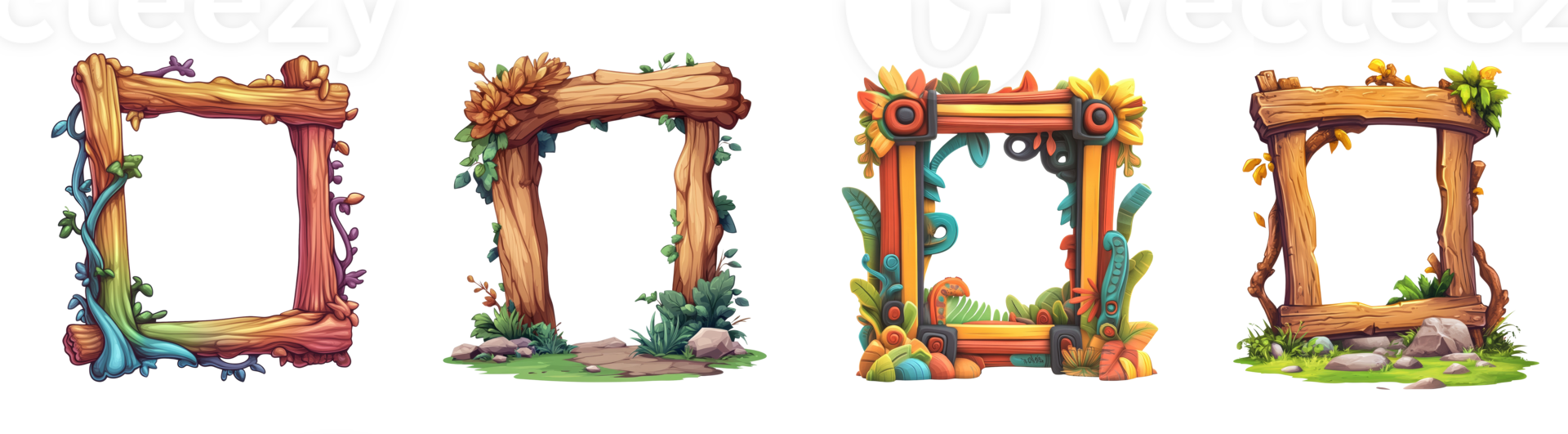 Four Ornate Wooden Frames Decorated With Nature png