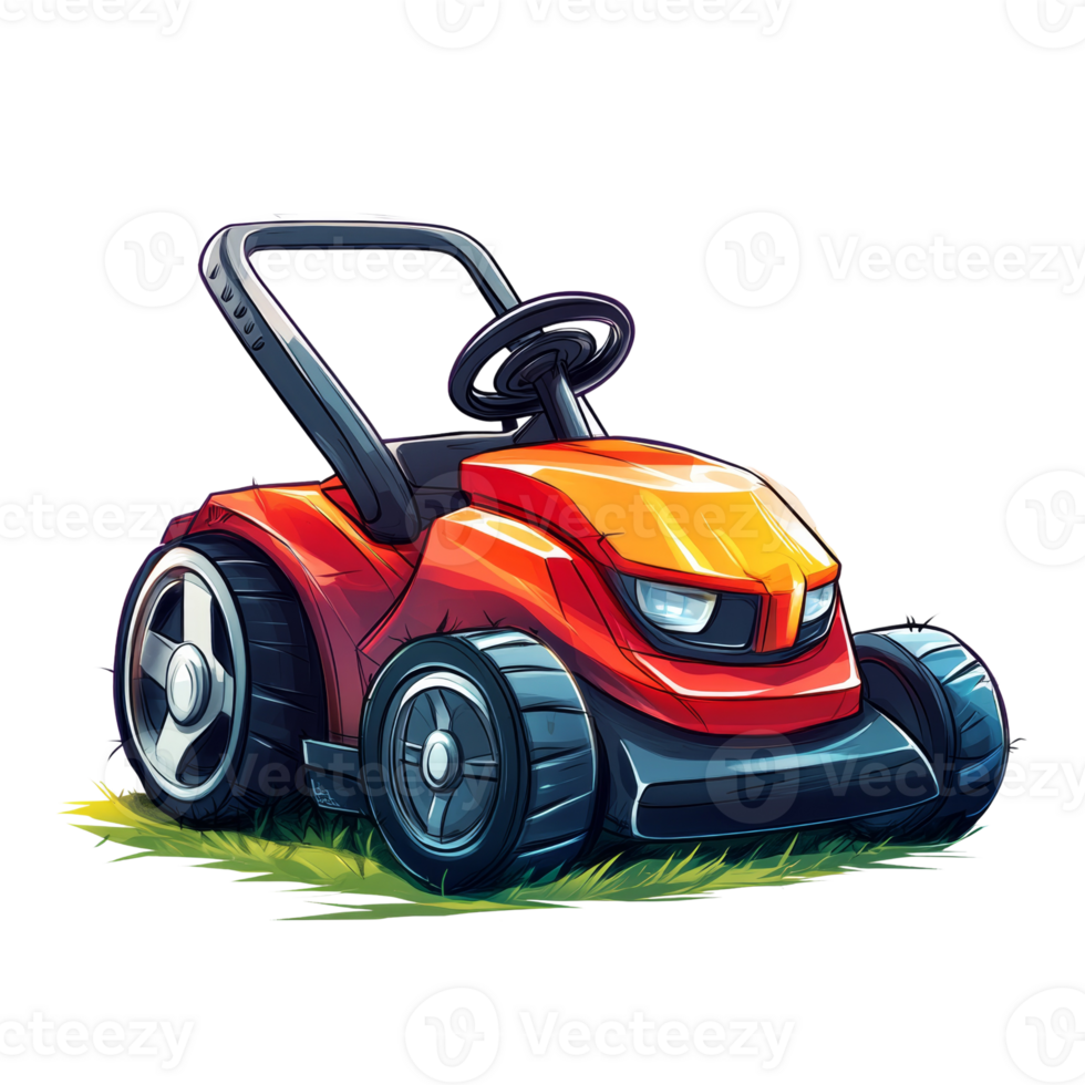 A stylized illustration of a red lawnmower on grass png