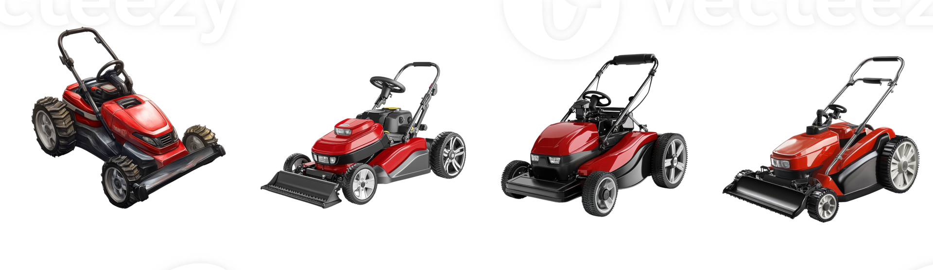 Four Modern Red Lawn Mowers Displayed Together png