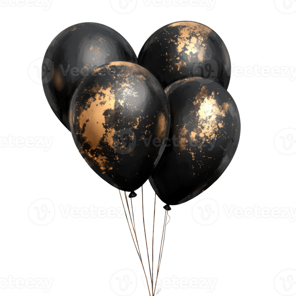 Black and gold balloons clustered together in a bunch png