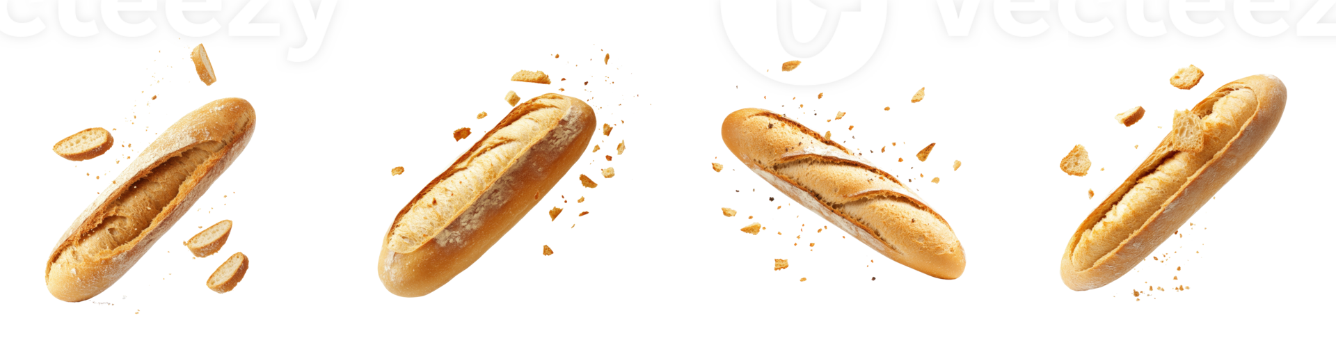 Four baguettes breaking apart into pieces mid air png