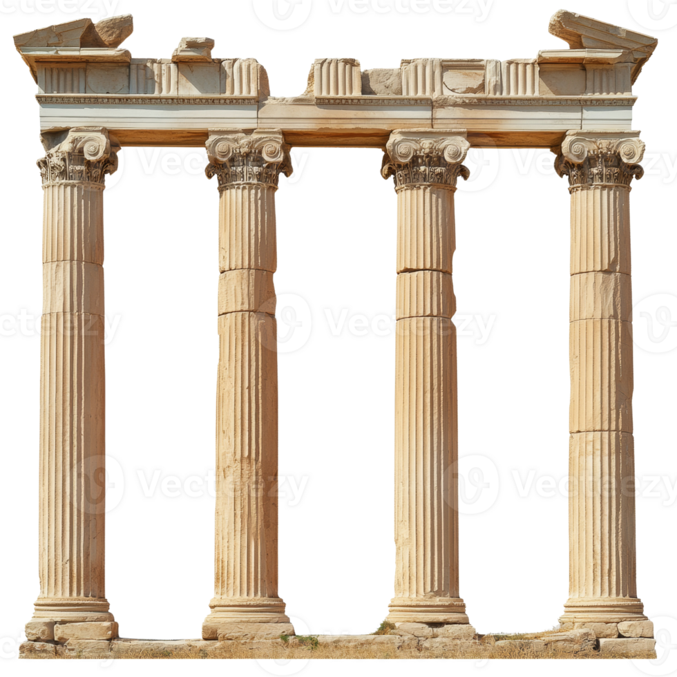 Ancient Ruins Featuring Four Ionic Columns and a Damaged Architrave png