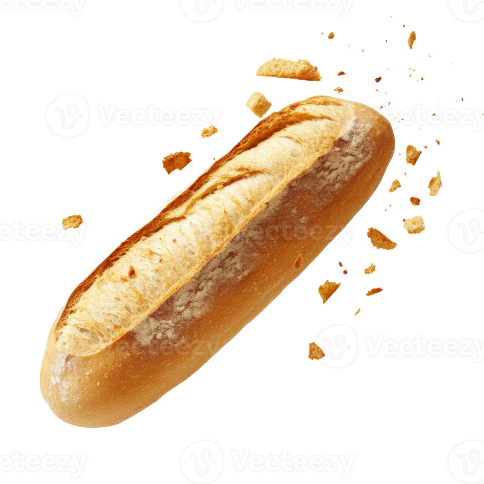 A baguette crumbles into delicious pieces in mid air png