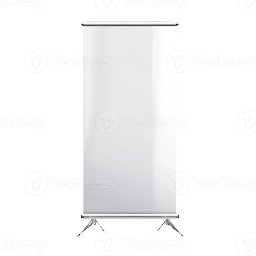 A blank retractable banner stand displays advertising space. cut out png