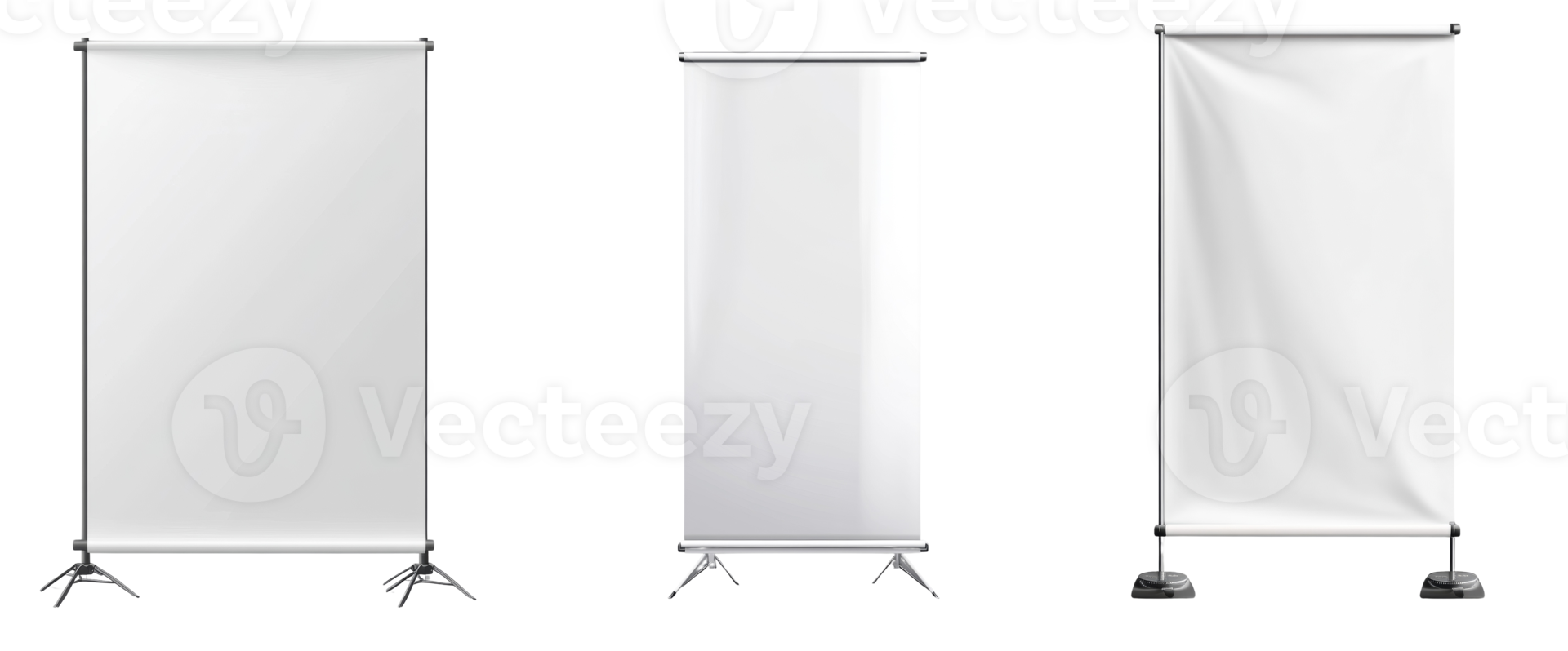 Three blank retractable banner stands display png
