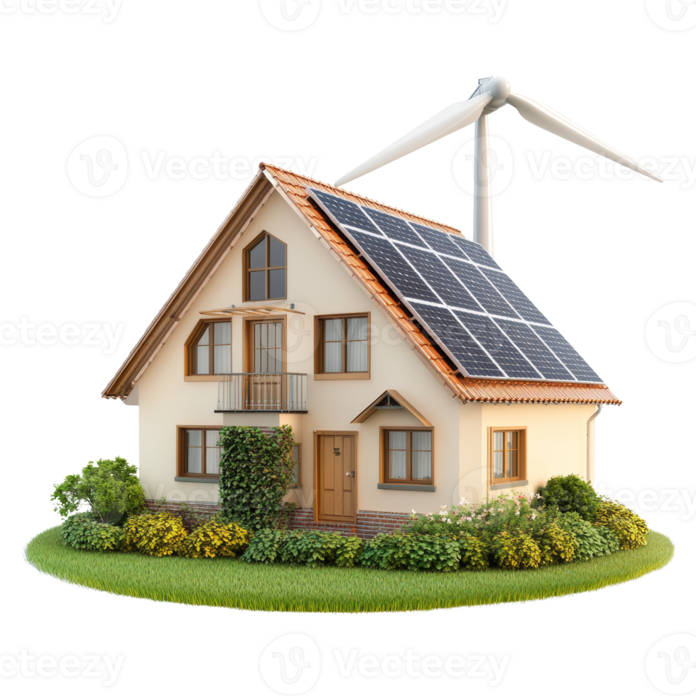 Eco Friendly House with Solar Panels and Wind Turbine. isolated transparent background png
