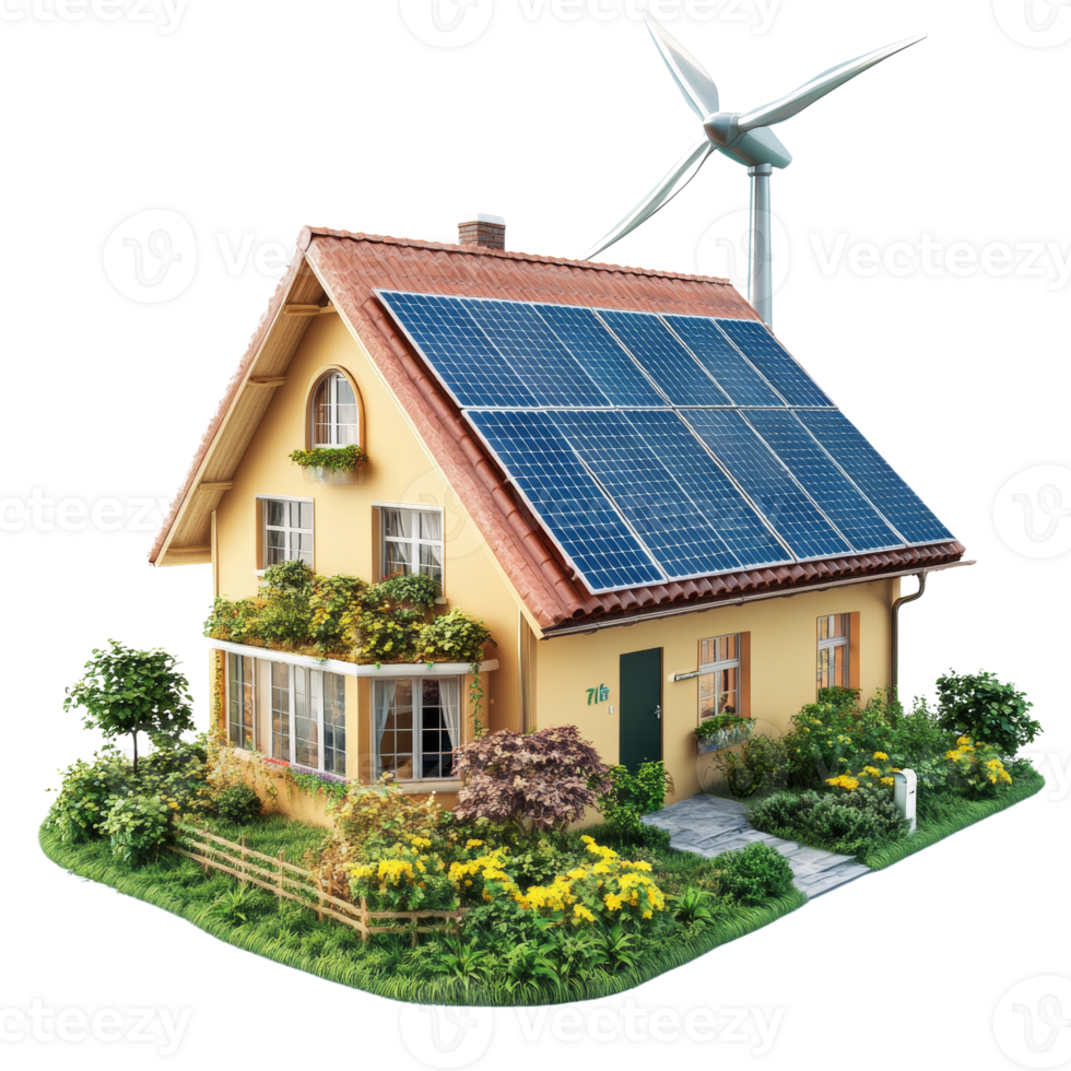 Eco Friendly House With Solar Panels And Wind Turbine. cut out png