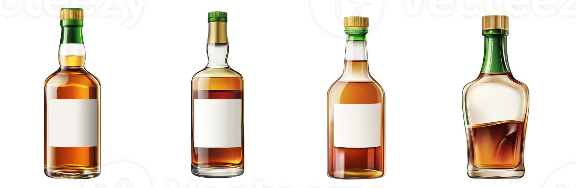 Four amber glass bottles with blank labels stand in a row png