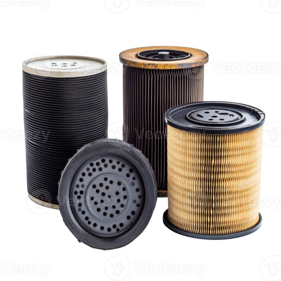 Four Used Automotive Filters Displayed Against Black Background png