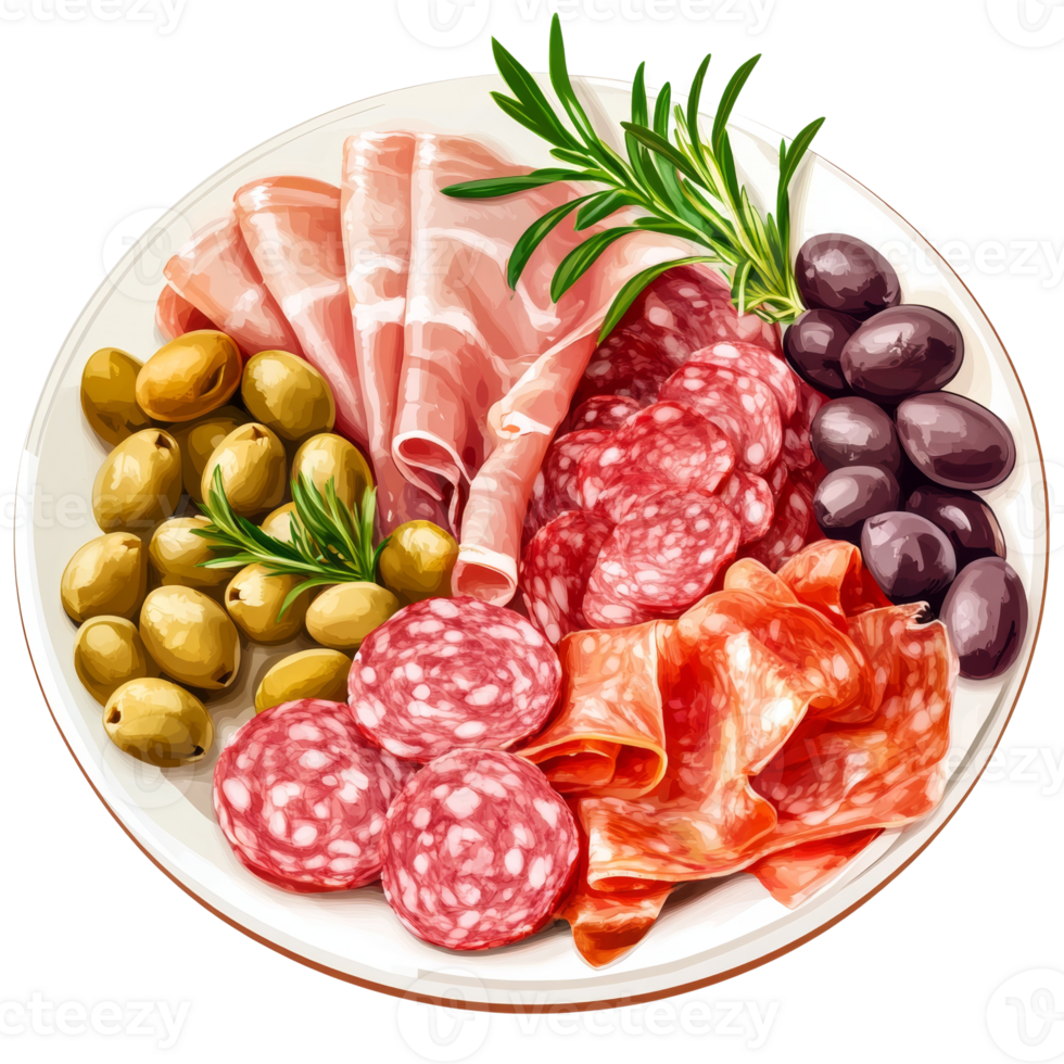 A Delicious Platter of Salami Ham and Olives png