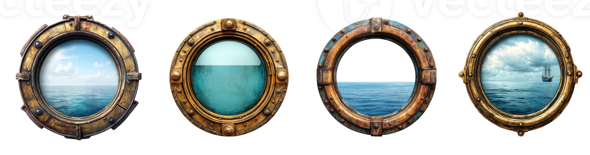 Antique Portholes Showcasing Ocean Views and A Sailing Ship png