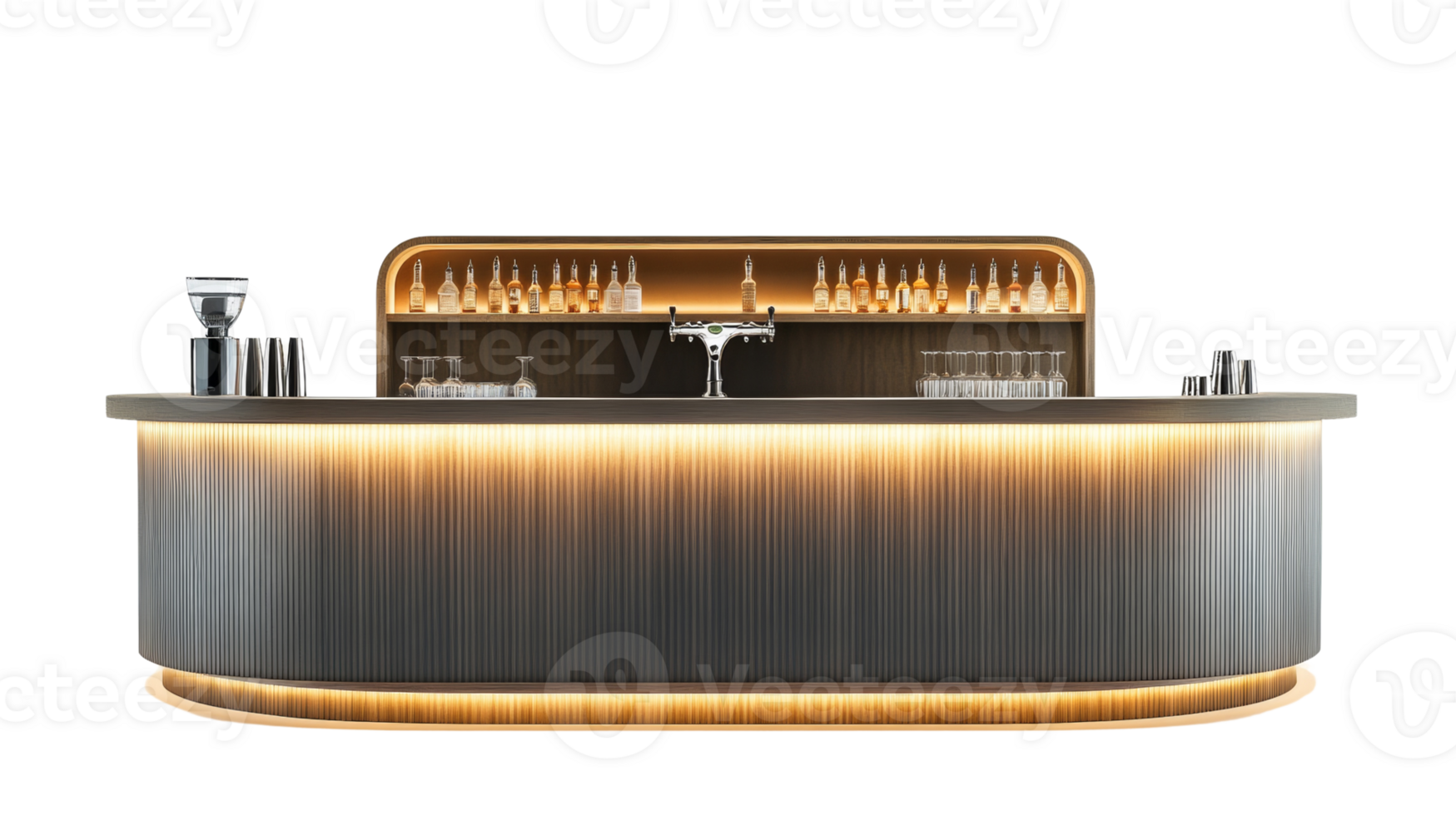 Modern Illuminated Bar Counter Design With Backlit Shelves png