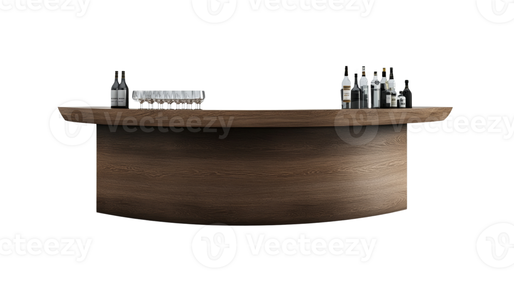 Modern Wooden Bar Countertop With Wine Bottles and Glasses png