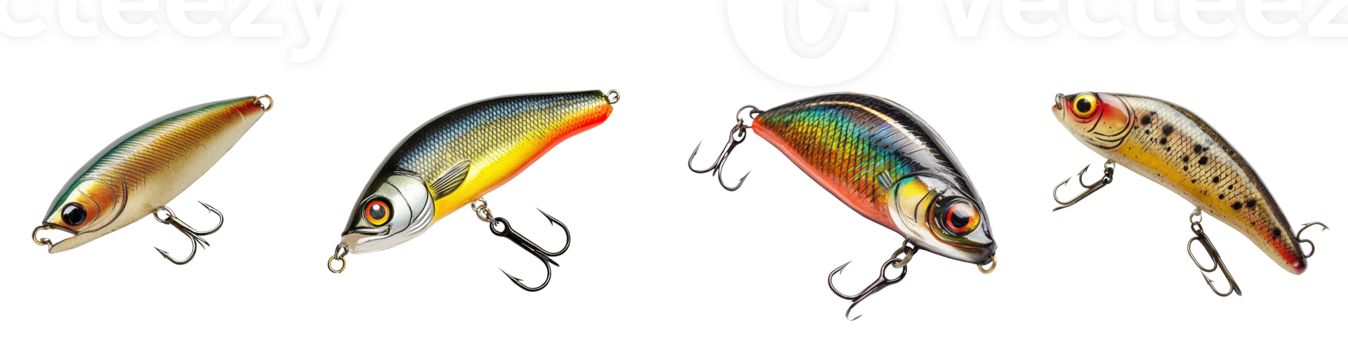 Four Colorful Realistic Fishing Lures Displayed Against Black Background png