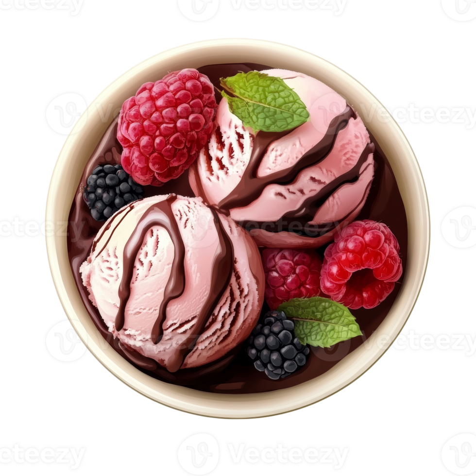 Delicious Raspberry Ice Cream with Chocolate Sauce and Berries png