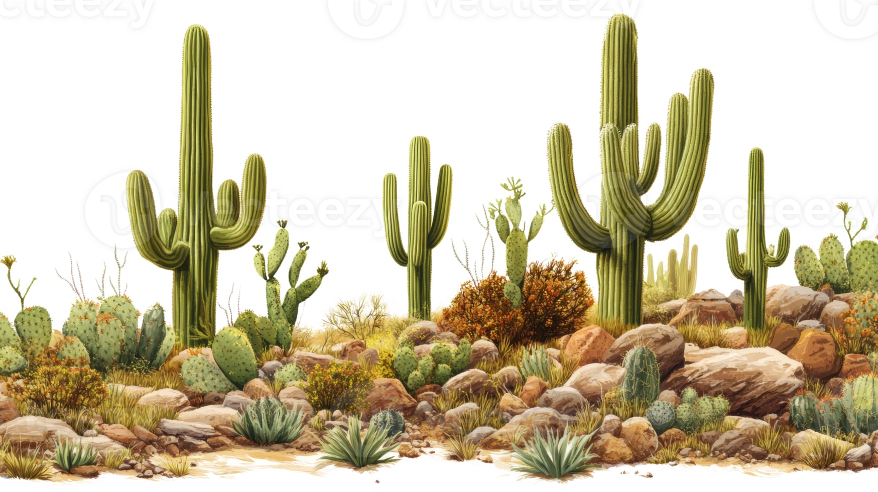 Arid Landscape Featuring Various Cactus Species and Rocks png