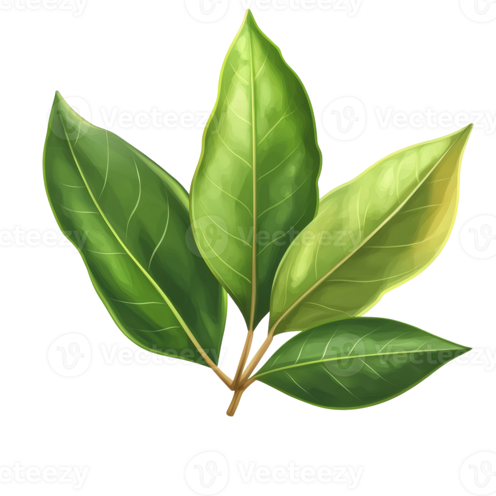Three vibrant green bay leaves arranged together png