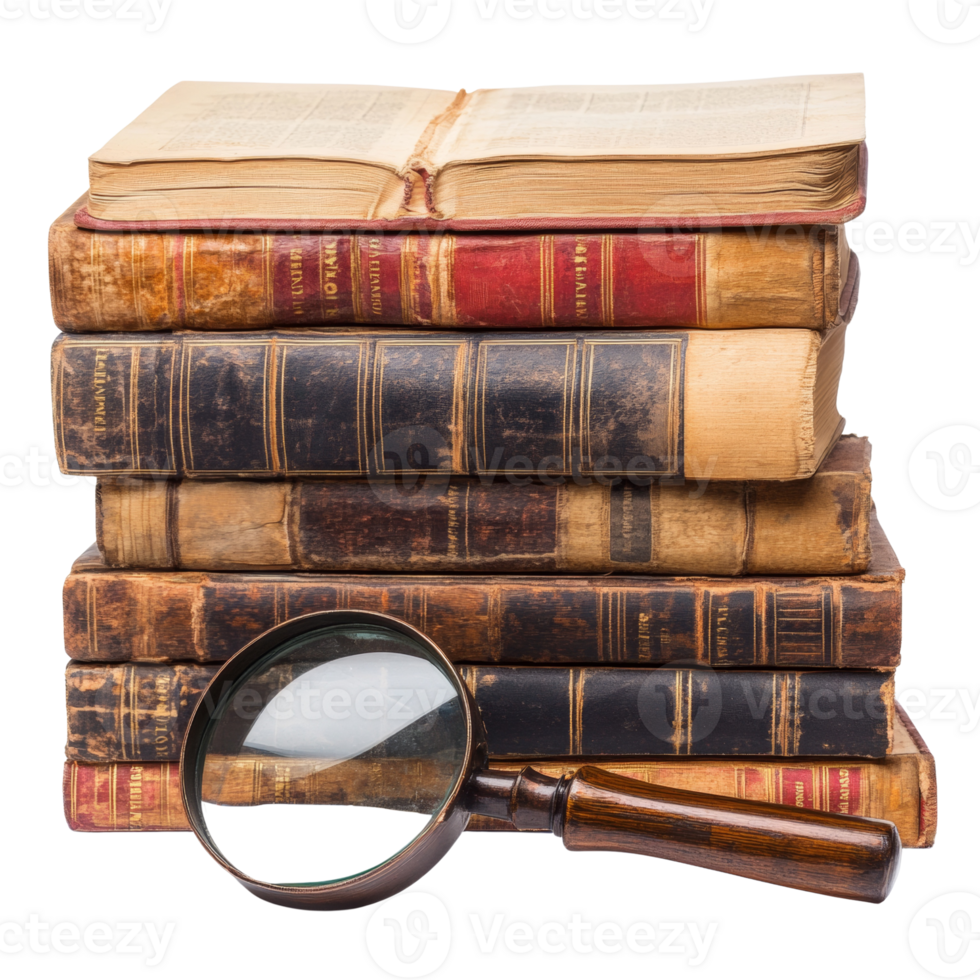 Antique Books Stacked With Magnifying Glass png