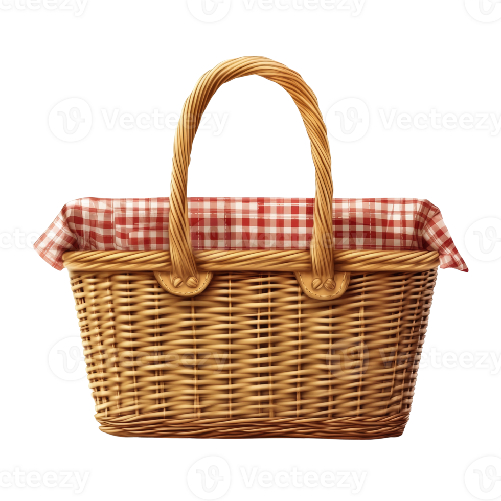 Wicker Picnic Basket With Red And White Gingham Cloth png