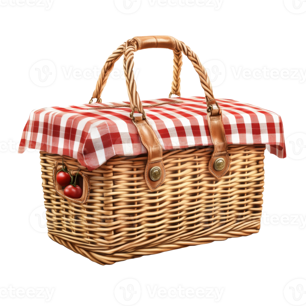 Wicker Picnic Basket with Red Checked Cloth and Tomatoes png