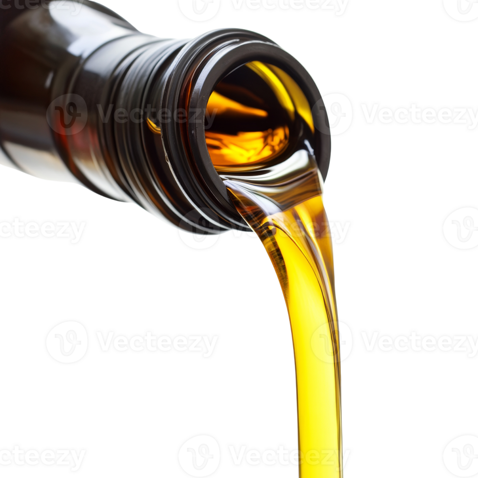 Golden oil pours from a dark bottle against a black background png