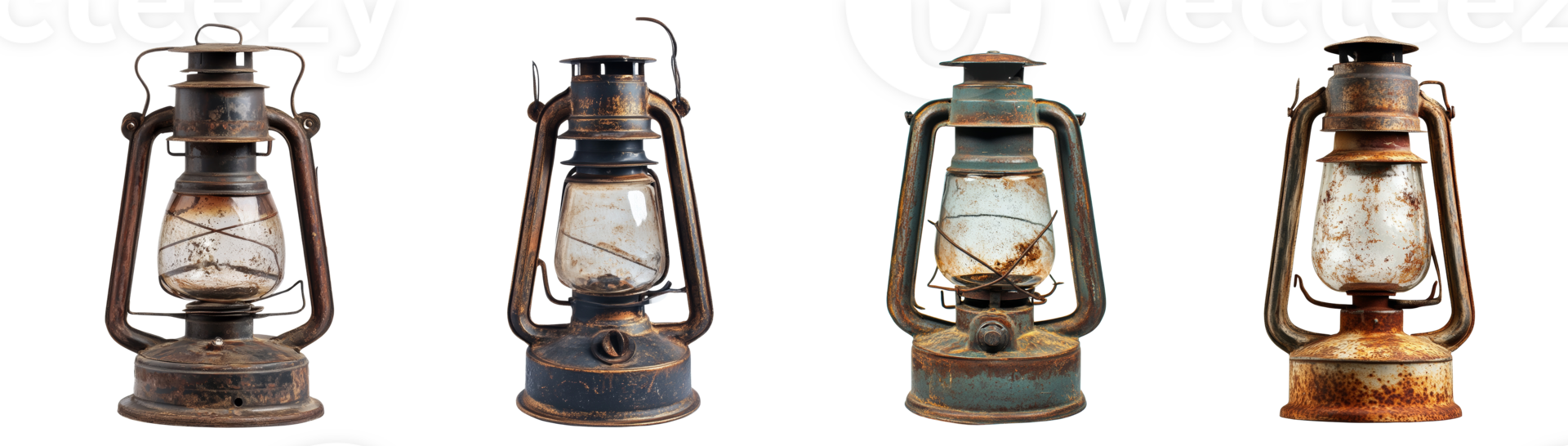 Four Antique Kerosene Lamps Displayed Together png