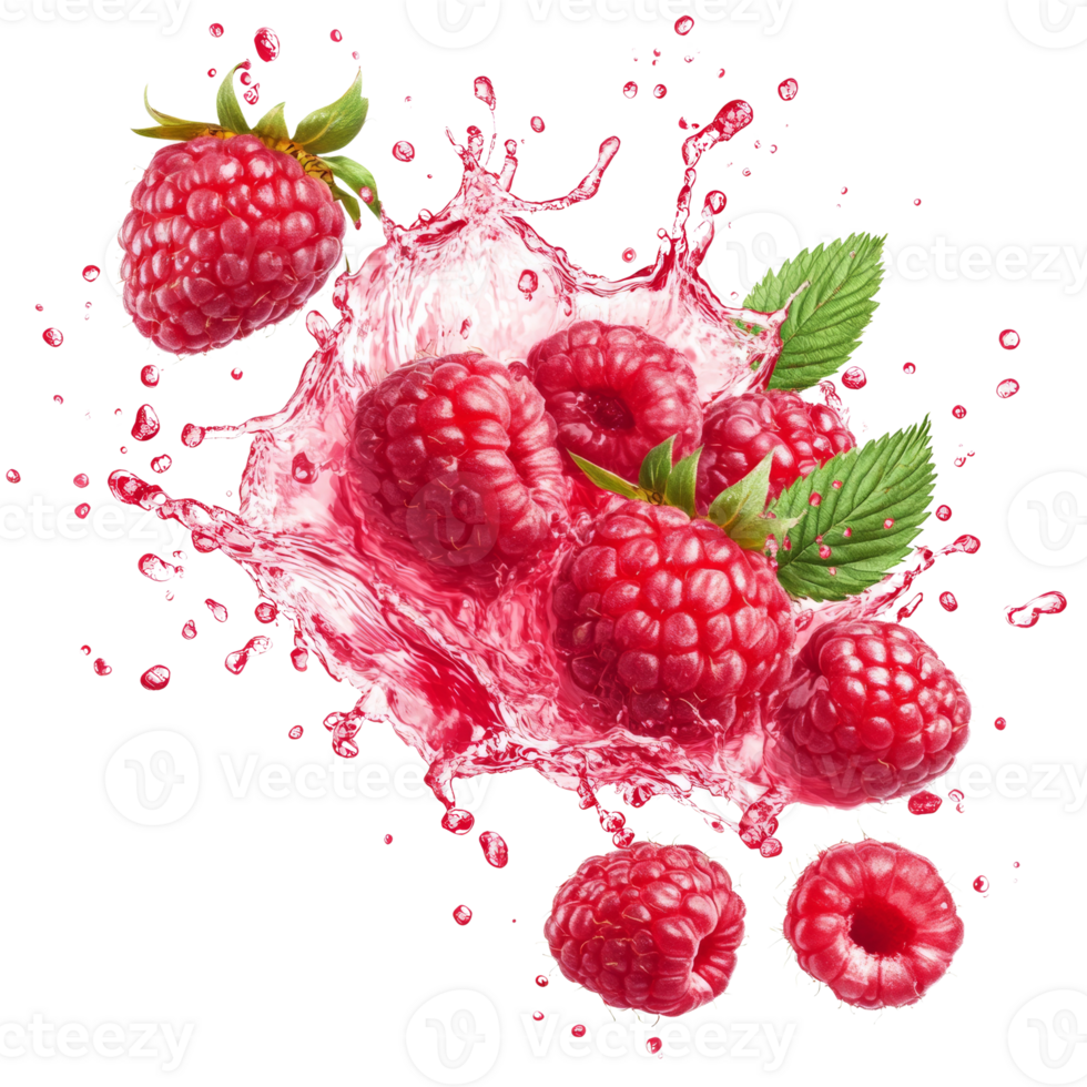 Raspberries splashing in a burst of juice png