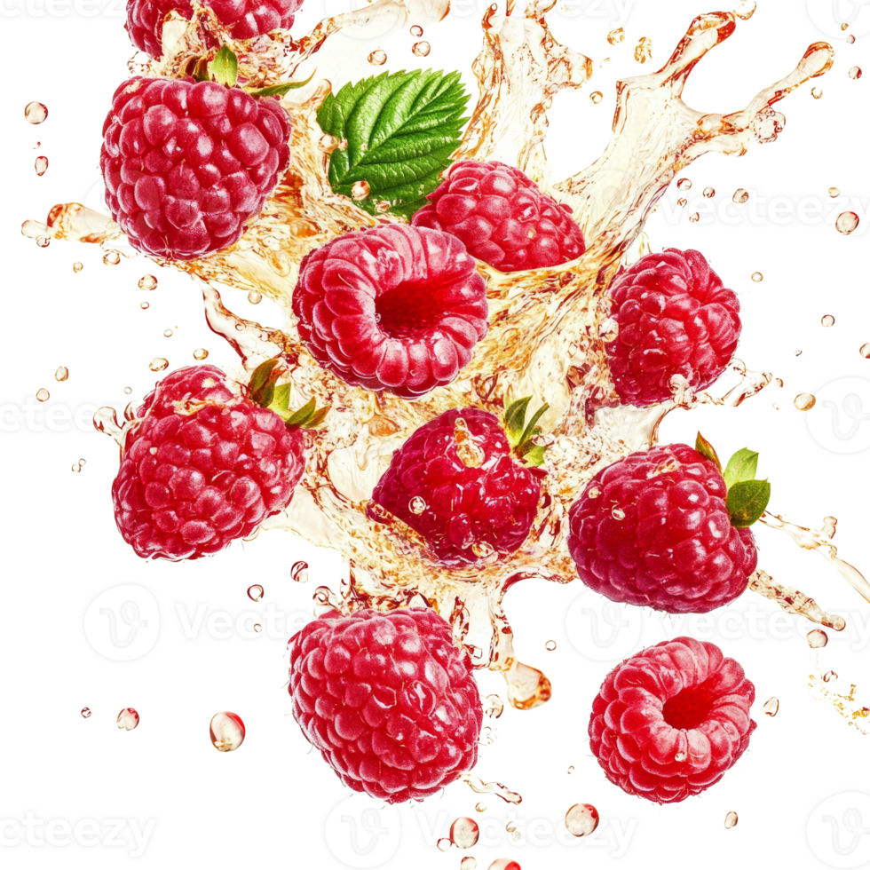 Raspberries splashing in juice creating a vibrant scene png