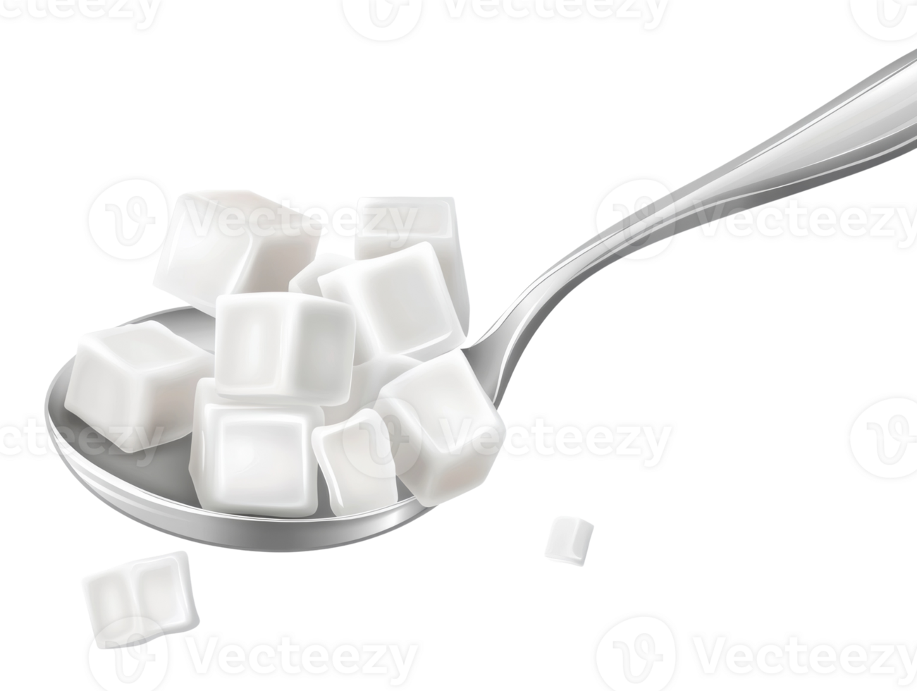 White sugar cubes on a silver spoon png