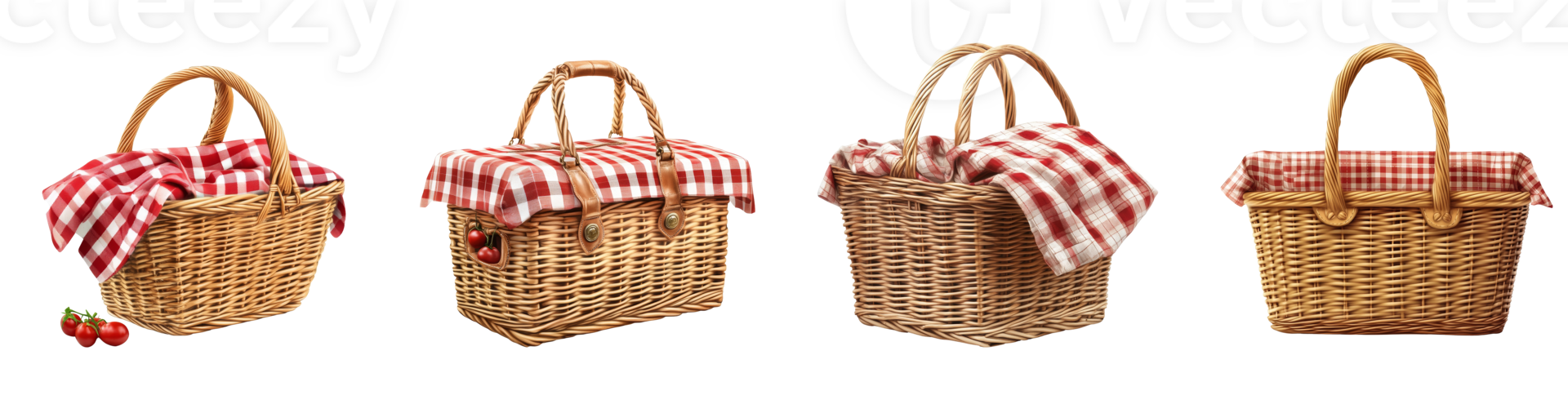 Four Wicker Picnic Baskets with Red Checkered Cloths png