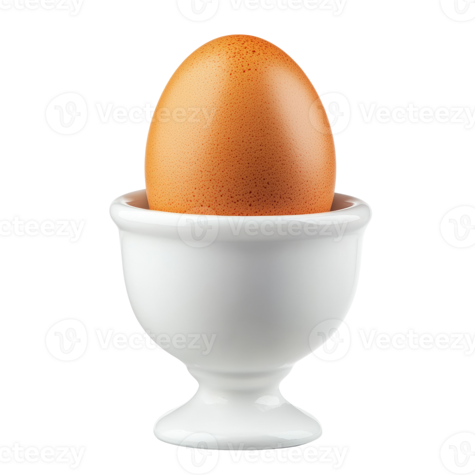 Brown egg in a white ceramic egg cup. isolated white background png
