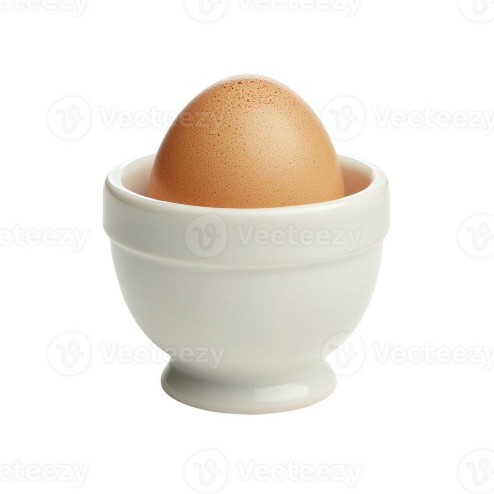 Brown egg in a white ceramic egg cup. isolated png